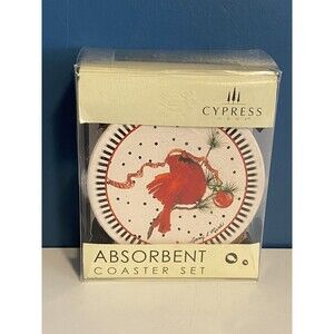 CYPRESS Christmas Coaster Set Cardinal Peaceful Absorbent Stone w/Caddy NIB